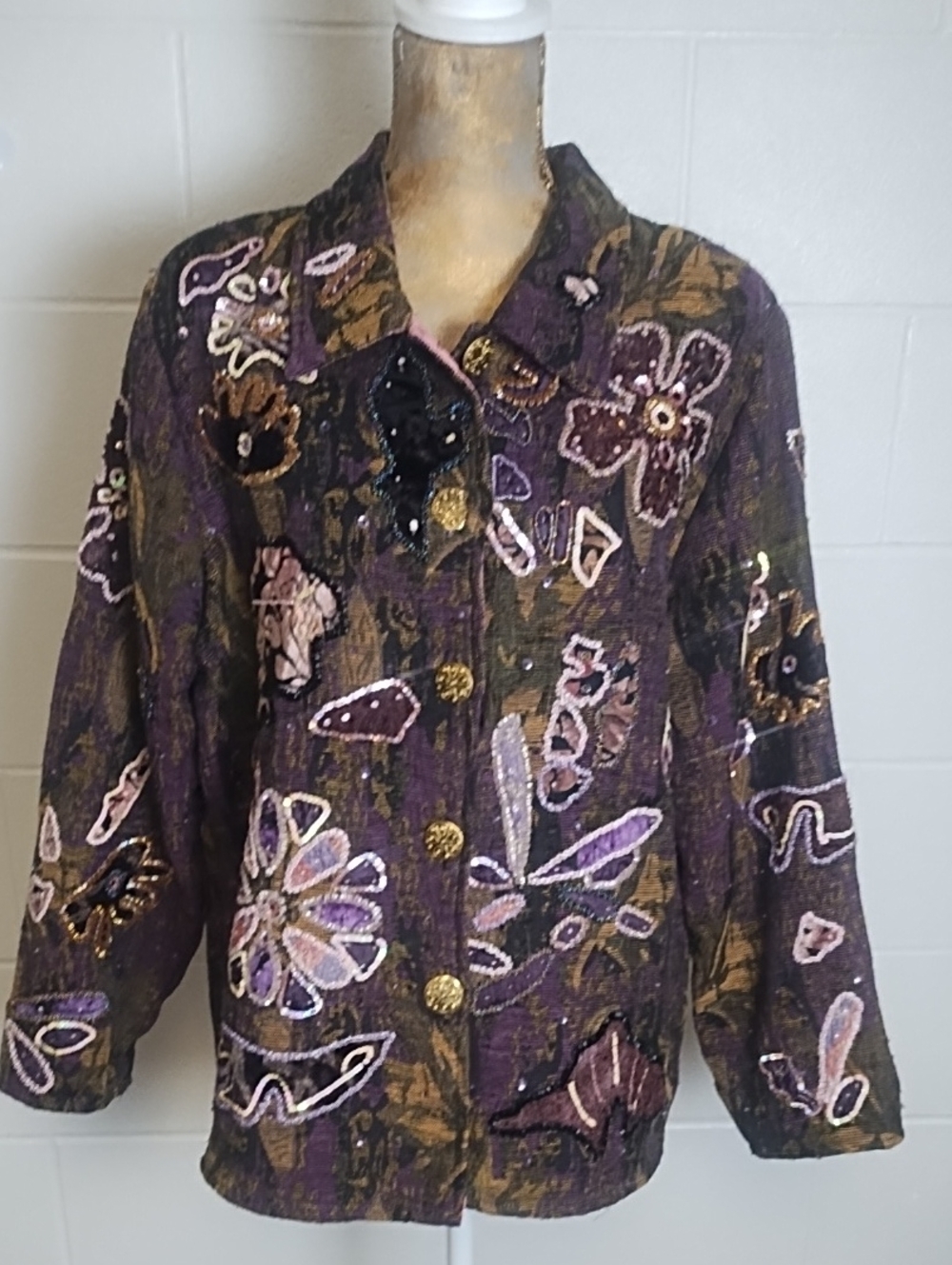 Vintage Julia Kim Tapestry Jacket Patchwork Embroidered Sequin Beaded Boho Large